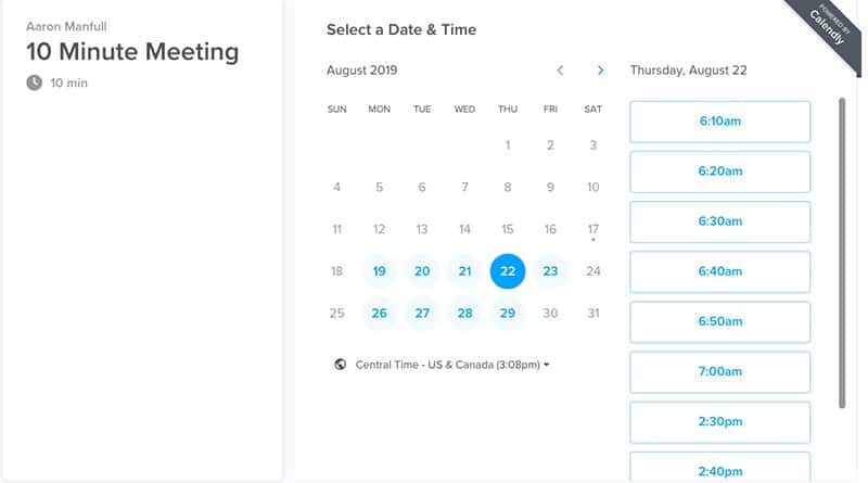 Screenshot of scheduling a meeting on Calendly