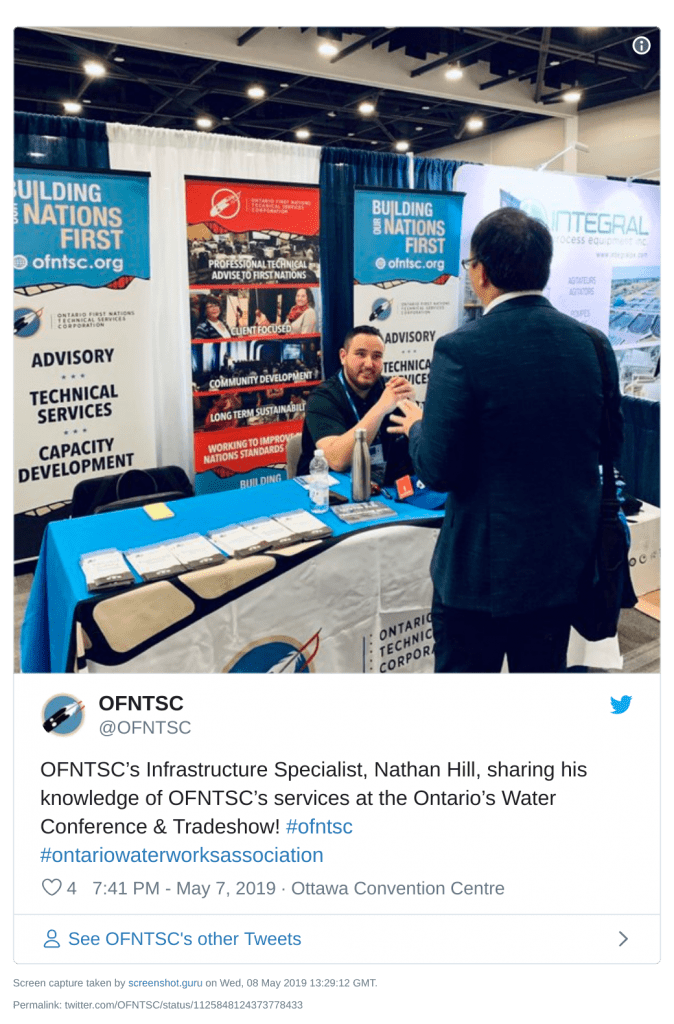 Twitter post from OFNTSC reading: OFNTSC's Infrastructure Specialist, Nathan Hill, sharing his knowledge of OFNTSC's services at the Ontario's Water Conference and Trade show! 