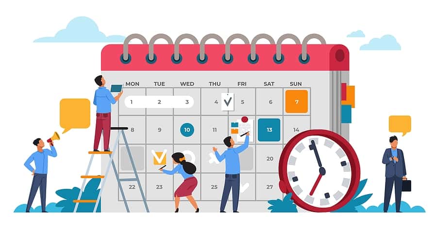 Cartoon image of people adding events to a calendar